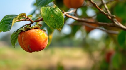 Fototapete - Vibrant persimmon fruit hanging from a branch with lush green leaves demonstrating natural beauty and freshness in a sunny outdoor setting