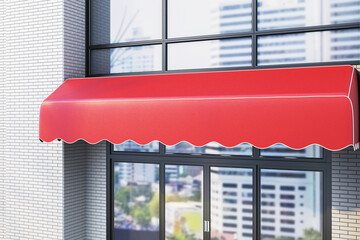 Leinwandbilder - Red store awning over glass doors on modern building exterior with city reflection, perfect for shop branding or business presentation template. 3D Rendering