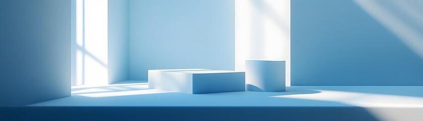 Poster - light-filled pale blue display podiums.