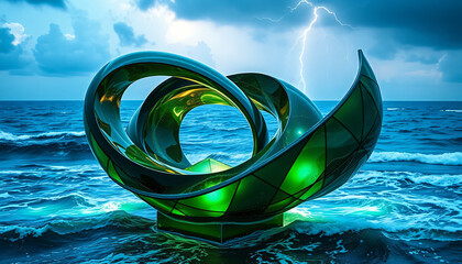 Wall Mural - Shiny blue water sphere with a light splash and drops, a 3D art concept