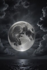 Wall Mural - Giant full moon dominates inky black sky, ominous clouds ,  environment,  atmosphere
