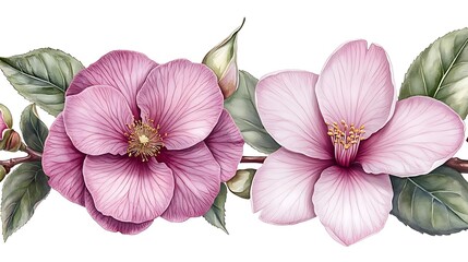 Wall Mural - Pink camellia flowers border, spring design