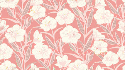 Delicate Floral Print Seamless Pattern on Coral Background. A beautiful seamless pattern featuring stylized flowers and leaves in soft, pastel shades of white and blush pink on a coral background.