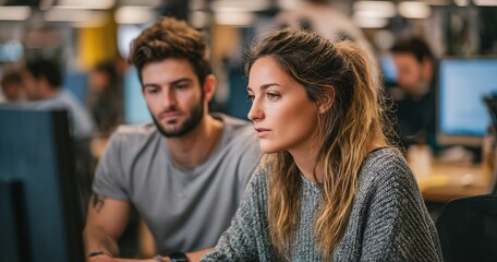 Two Young Colleagues Working on Computers and Talking at a Workplace. Female and Male Software Developers Discussing a Solution for Their Collaborative Artificial Intelligence Project. High quality