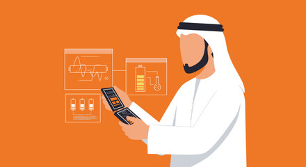 Arabian Man Using Digital Device On Orange Background For Business And Communication