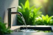 © araet - Refreshing Water Flowing from Modern Faucet into Serene Basin Amidst Lush Greenery