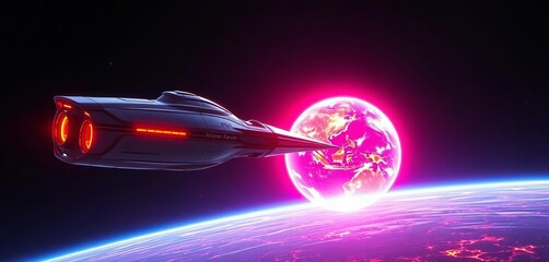 futuristic alien spacecraft orbiting a vibrant planet in deep space, alien ship, outer space