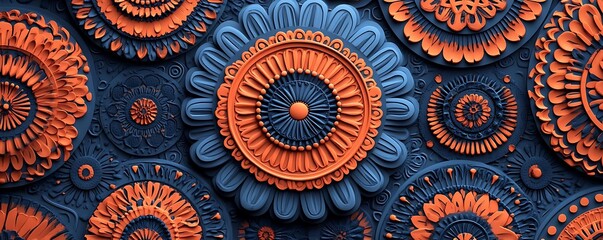 Wall Mural - 3D Orange Blue Floral Mandala Pattern