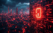 © thien - Glowing red digital lock symbol futuristic cityscape background showing cybersecurity protection