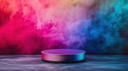 Wall Mural - colorful smoke backdrop with iridescent round podium.