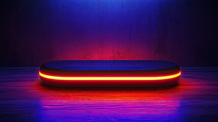 Wall Mural - glowing neon orange rimmed dark platform on reflective surface with purple and blue background.