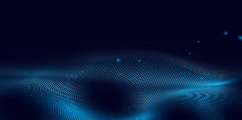 Wall Mural - abstract futuristic hexagon wave with moving dots. flow of particles. cyber technology with hexagon 