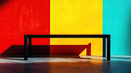 Wall Mural - minimalist black table against vibrant red, yellow, and blue wall. strong light casts shadows.