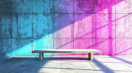 Wall Mural - minimalist concrete room with bench, vibrant blue and pink neon lighting.