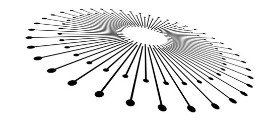 Fototapete - Circle with black lines and dots as dynamic logo or icon, design element. Abstract background with pins in circle. Artistic illustration with perspective on white background.