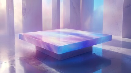 Wall Mural - pastel iridescent platform on marble floor in a modern, minimalist room with soft lighting.