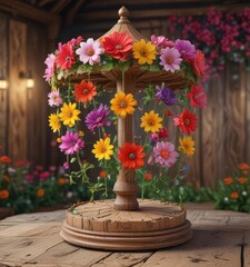 Wall Mural - Whimsical flower carousel, vibrant blooms on rustic wood base, photography, rotating