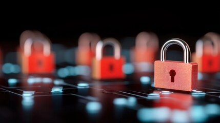 Cybersecurity concept image featuring padlocks on circuit board representing digital security and data protection