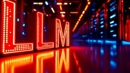 Large language model glowing red neon letters futuristic server data center, artificial intelligence technology innovation, digital network