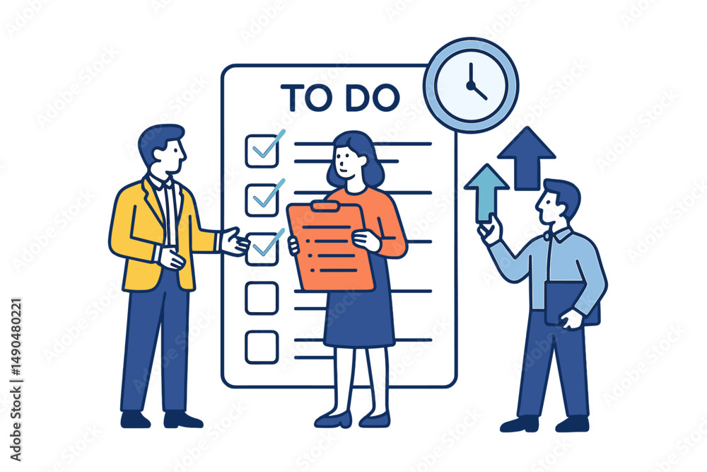 Business team collaborates on task management strategy with checklist ...