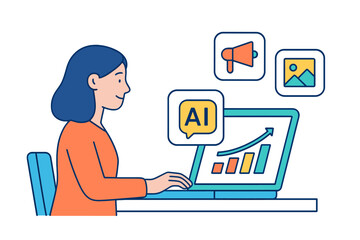Wall Mural - vector illustration of a woman using a laptop to analyze data and explore ai technology with various