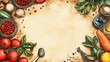 © ศิริวัฒน์ คาพูน้อย - Delight in this vibrant recipe card design featuring retro food background, showcasing fresh vegetables, herbs, and spices that inspire culinary creativity