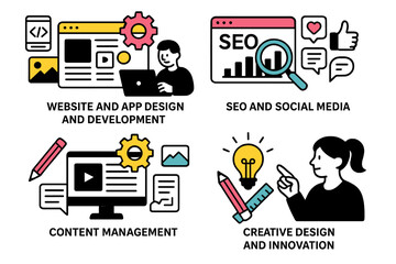 Wall Mural - website and app design along with seo social media and creative innovation illustrated in a colorful