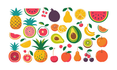 a colorful modern vector illustration of a variety of fruits in a flat, easily scalable and editable