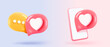 © Issara - 3D lover on cyberspace social online platform. relationship with heart and love emoji on speech icon, like and surprise in red bubble. 3d passion heart icon vector render illustration