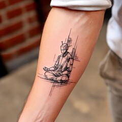 Fototapete - Meditative Robot Tattoo: Arm Ink Featuring a Geometric Robot in Lotus Position with Cityscape Elements