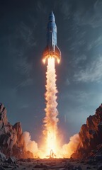 Wall Mural - rocket launching from rising blue graph, fiery blast , design, success, fire