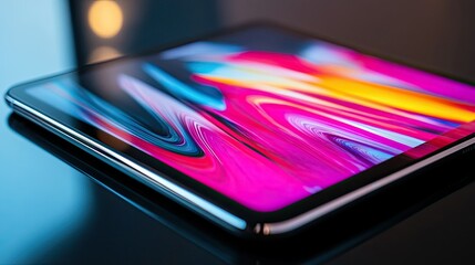 Tablet screen showing bright wallpaper, sleek silver frame, no background
