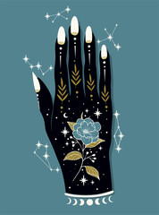 Wall Mural - boho woman hand with herbs, moon. alchemy esoteric magic space.