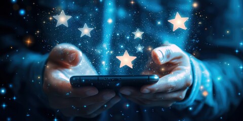 Wall Mural - digital world of feedback, represented by floating stars and phone user