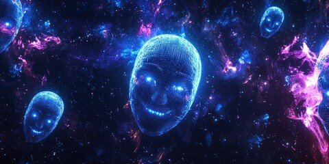Wall Mural - emotive neon interface with floating faces in deep space