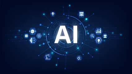 Poster - Concept of Artificial Intelligence. AI text on a circuit board in futuristic background. AI technology icon, sign information, automation, big data, and deep learning. Vector illustration.