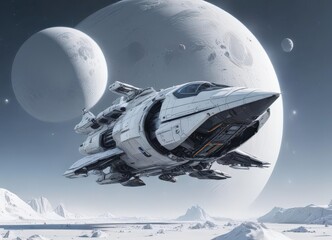 Wall Mural - Futuristic ship against brilliant white planet backdrop , exploration, science