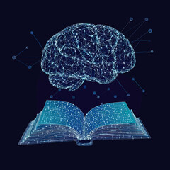 Wall Mural - 3d digital wireframe brain above open book with glowing network connections learning concept illustr