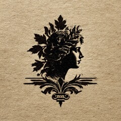 Aufkleber - Ancient Silhouette: Botanical Crown Adorns Profile on Textured Parchment, Evoking Classical Elegance