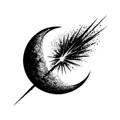 Poster - Abstract Black and White Crescent Moon with Starburst, Minimalist Dark Art Illustration