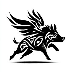 Poster - Black and White Tattoo Style Flying Boar: A Winged Hog Illustration with Tribal Accents on Isolated Background