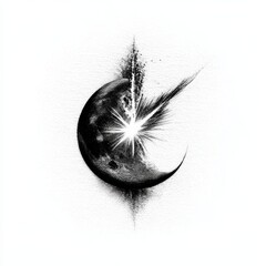 Fototapete - Celestial Collision: A Stippled Moon Eclipsed by a Burst of Light, Fragmenting into Cosmic Dust