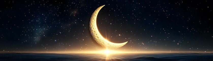 Wall Mural - Golden crescent moon over a starry night sky.