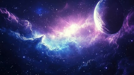 Wall Mural - Dreamy Cosmic Scene. Planet and Starry Galaxy Nebula with Ethereal Light.