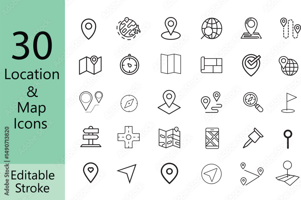30 Editable Stroke Location and Map Icon Set - Vector Line Art Stock ...