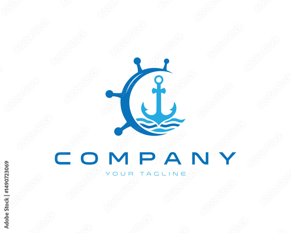 Nautical anchor and ship wheel vector logo template design for marine ...