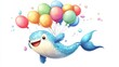 © Matija - Adorable blue whale floating joyfully through sky with colorful helium balloons attached