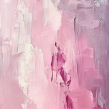 Abstract painting featuring shades of pink and white with textured brushstrokes and vertical lines