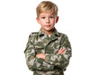 © Mr.Thongkhao - Young Recruit's Gaze: A confident young boy, donned in camouflage attire, stands tall, his arms crossed, radiating an air of determination and readiness.