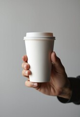 Fototapete - Male hand holding a paper coffee cup mockup, isolated against a light gray background